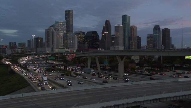 4K Aerial Crane Shot Revealing Downtown Houston from I-45 North Freeway