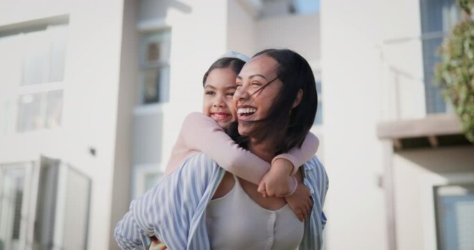 Mom, child and piggy back in garden, outdoor and backyard at family home with talking, smile and playing. Happy woman, mother and daughter for game, conversation and bonding with love, girl or summer