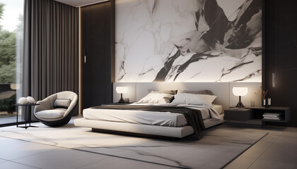 interior of a bedroom with huge marble wall white black gray