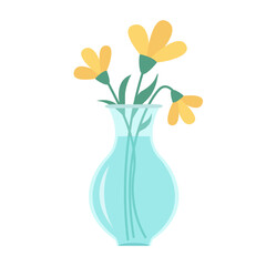 Flower set in vase . Glass vases with blue water. Cute colorful icon collection. Yellow daisy flowers. Green leaves. Ceramic Pottery Glass decoration. White background. Flat design.