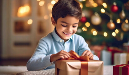 adorable cute child smiles happily holding gift box and smiling. in house having party