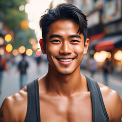 Lovely and Muscular Asian Guy with Backpack in The Market Illustration