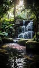 An idyllic waterfall hidden within the depths of Tranquil Haven Retreat, its soothing sounds blending seamlessly with the natural surroundings.