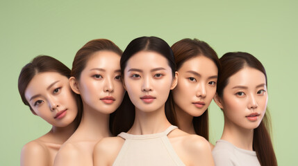 Five Young asian girls with perfect skin on green background. Female Skin care editorial. Asian beauty portrait. 