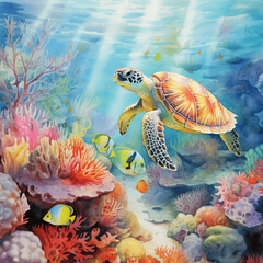 Watercolor illustration of a sea turtle swimming in the sea and beautiful corals and sea anemones.