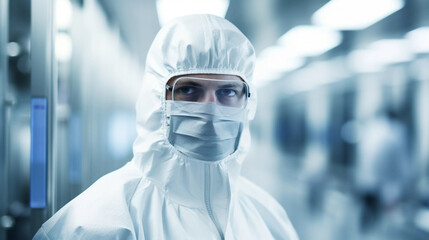 copy space, stockphoto, portrait of a technician in spacial clothing in a semiconductor production clean room. High tech technology. Semi conductor production plant. Clean room worker. Engineer portra