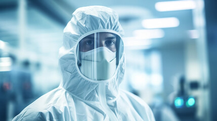 copy space, stockphoto, portrait of a technician in spacial clothing in a semiconductor production clean room. High tech technology. Semi conductor production plant. Clean room worker. Engineer portra - obrazy, fototapety, plakaty