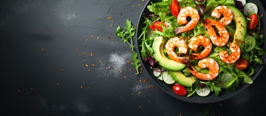 Top-down view of a nutritious salad with avocado and shrimps.