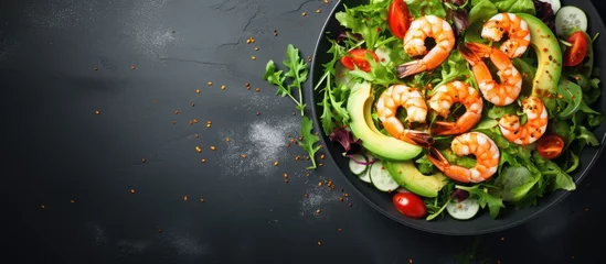 Gordijnen Top-down view of a nutritious salad with avocado and shrimps. © AkuAku