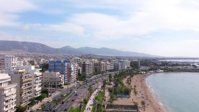 Rising aerial shot of the Athens sea front
