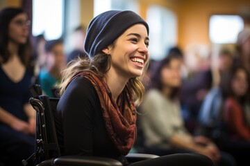 Radiant student in wheelchair enjoys lecture