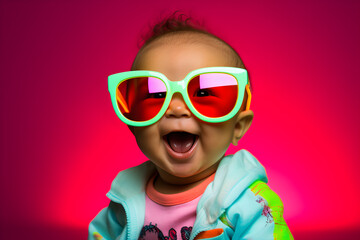 funny studio portrait of baby wearing sunglasses with glowing neon lights background