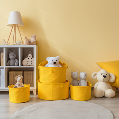 Yellow Toy Storage Baskets in the childrens room.