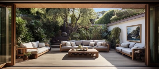 Triple sliding doors connect the living room and outdoor deck. - obrazy, fototapety, plakaty