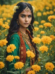 Naklejka premium portrait of an Indian woman with flowers , women fantasy photography in the flower field, Traditional dress with jewellery and bindi .