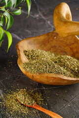 Oriental spices on a wooden background. Indian seasonings