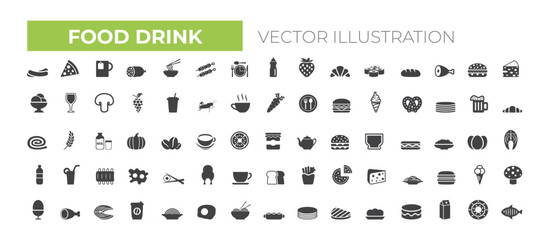 Food icon collection. Containing meal, restaurant, dishes and fruits icon. Vector illustration. Breakfast - Thin line vector icon set. Pixel perfect. Editable stroke. For Mobile and Web.
