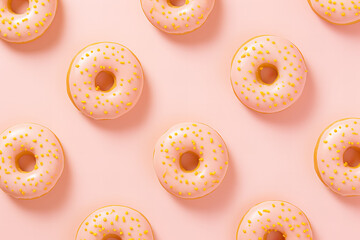 donut pattern with peach fuzz  glaze on a pastel peach background flat lay