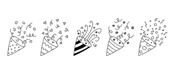 Confetti Popper Set for Party. Collection Isolated confetti, explosion, firecracker, celebration in doodle style. Vector illustration.