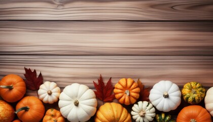 white and striped pumpkins on a wood background