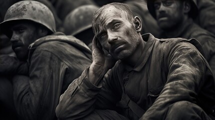 Fototapeta premium Sad soldiers in world war, black and white photo
