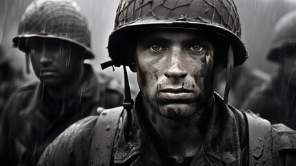 Sad soldiers in world war, black and white photo - obrazy, fototapety, plakaty