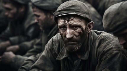 Obraz premium Sad soldiers in world war, black and white photo