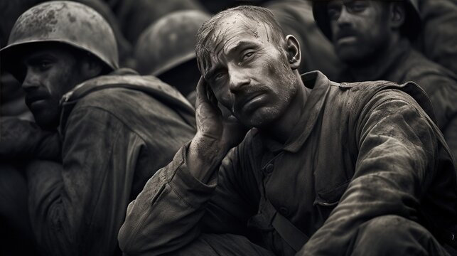 Sad soldiers in world war, black and white photo