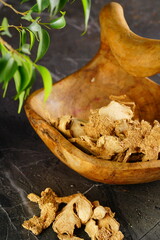 Oriental spices on a wooden background. Indian seasonings