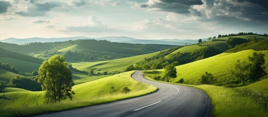 Picturesque road through hilly countryside. - obrazy, fototapety, plakaty