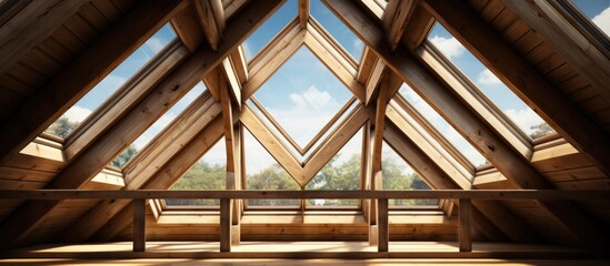 Roof window on unfinished attic with wooden roof construction.