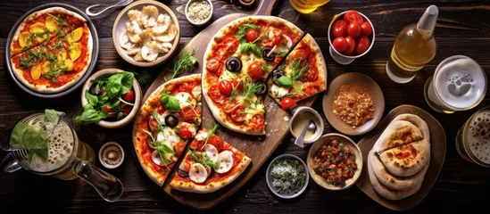 Foto op Plexiglas In a cozy Italian restaurant with a white, rustic background, customers indulged in a space-themed menu, savoring delicious pizzas topped with fresh tomatoes, complemented by a variety of beer and © TheWaterMeloonProjec