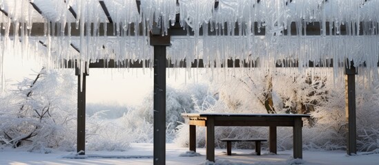 Pergola covered in ice and icicle after winter rain. - obrazy, fototapety, plakaty