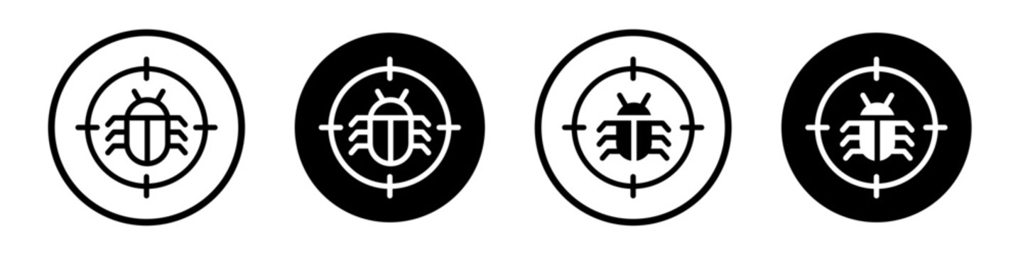 Debug icon set. security scan vector symbol. cyber threat malware sign in black filled and outlined style.