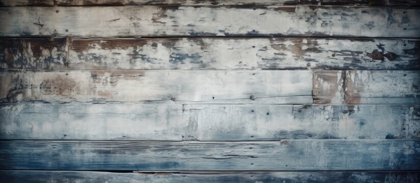 In a dimly lit room, a vintage wooden wall with a white paint job showcases an abstract design. The grunge patterns and textures give it an interesting and aged look, while hints of blue peek through