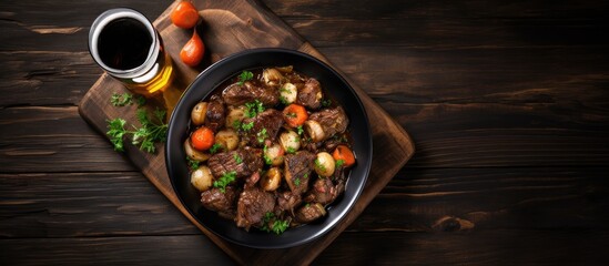 Belgian beef or pork stew with beer and onions in a black bowl on a dark wood table, viewed from above.