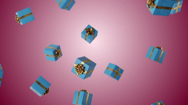 Luxury blue gift boxes with golden bows are falling in slow motion. Happy new year or christmas presents concept. Birthday and Valentine's Day background. Hot sale