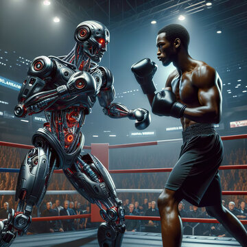 A cyborg and a human boxer fighting during a boxing match.