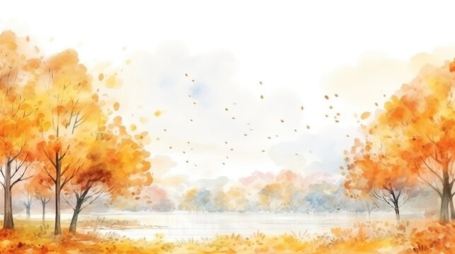 Watercolor art of yellow autumn season trees and leaves with copy space area. Generative AI