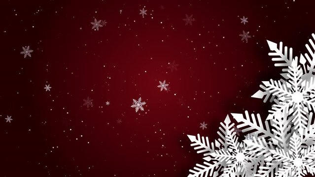 Cut paper snowflakes Christmas red background. Corner frame. Falling snow. Winter looped motion graphic.