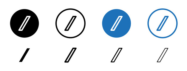 Slash line vector icon set in black and blue color.