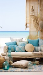 Fototapeta na wymiar The bohemian color palette of the dreamspace, featuring vibrant hues, earthy tones, and ocean-inspired blues, creating a lively and energetic atmosphere that complements the beachfront setting.