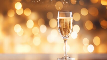 One glass of champagne against a background of blurred lights.