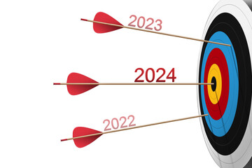 Three Red arrows hit to dartboard with 2024 number. Archery target and bullseye. Business success, investment goal, opportunity challenge, aim strategy, achievement focus concept