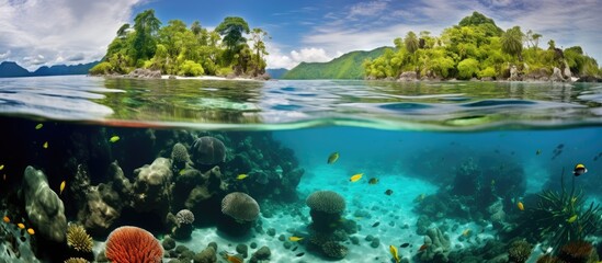 Raja Ampat, Indonesia, is possibly the center for marine biodiversity, with beautiful corals thriving in shallow water among remote islands. - obrazy, fototapety, plakaty
