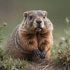Naklejka na ściany i meble Groundhog, also known as a woodchuck, is a stout-bodied rodent celebrated for its curious behavior and unique appearance