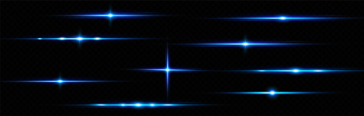 
Blue lines of light. Flash Light. Horizontal lines of highlights. Blue neon stripes or flash. - obrazy, fototapety, plakaty