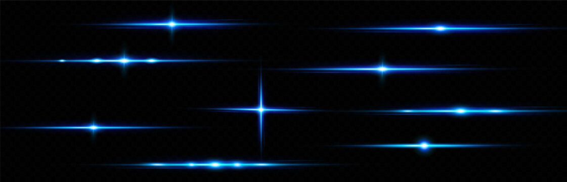 
Blue lines of light. Flash Light. Horizontal lines of highlights. Blue neon stripes or flash.