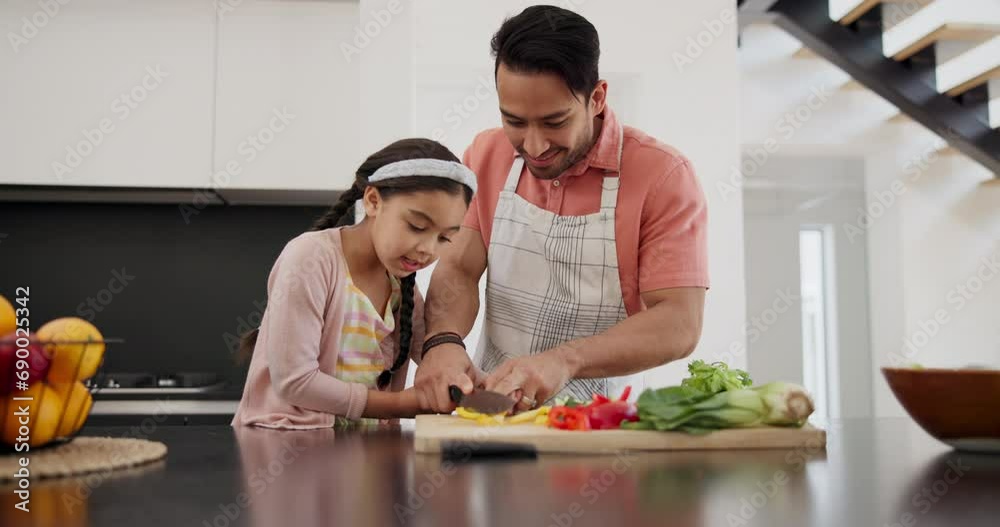 Poster Cooking, help and father and daughter in a kitchen for cutting, vegetables and support in their home. Food, learning and girl child with dad in a house for nutrition, diet or lunch salad meal prep