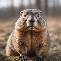 Groundhog, also known as a woodchuck, is a stout-bodied rodent celebrated for its curious behavior and unique appearance - obrazy, fototapety, plakaty